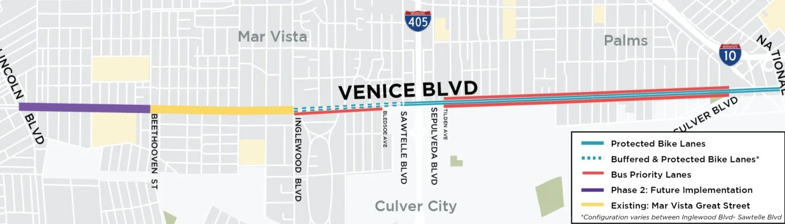 Venice Blvd corridor map showing protected bike lanes, bus priority lanes, and Phase 2 segments