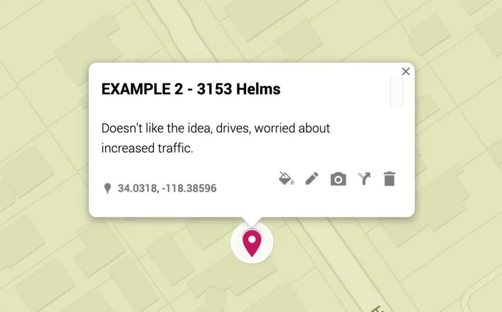 Map example β a red pin marking a detractor at 3153 Helms
