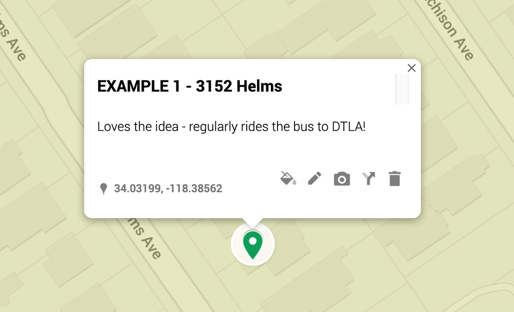 Map example β a green pin marking a supporter at 3152 Helms